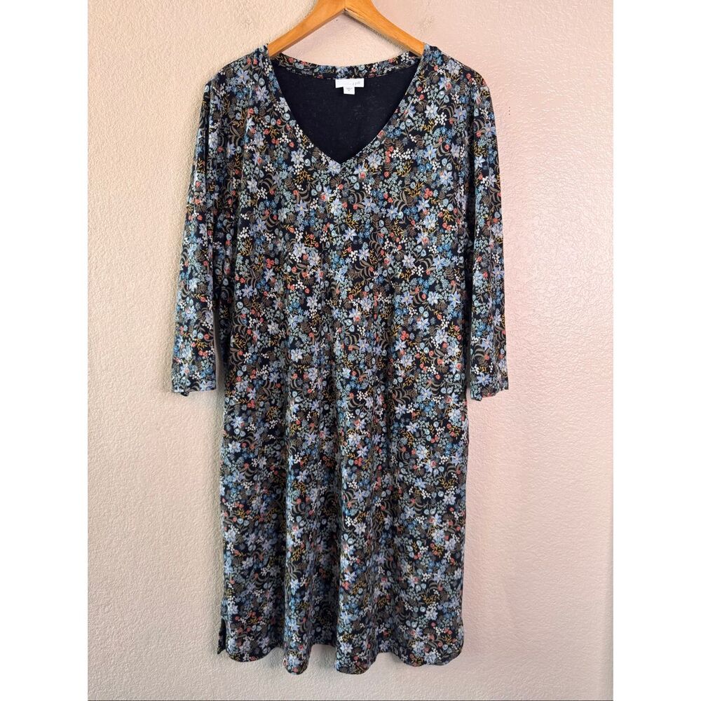 J Jill Dress Womens XL Black Blue Floral Multi Pockets 3/4 Sleeves Cottagecore